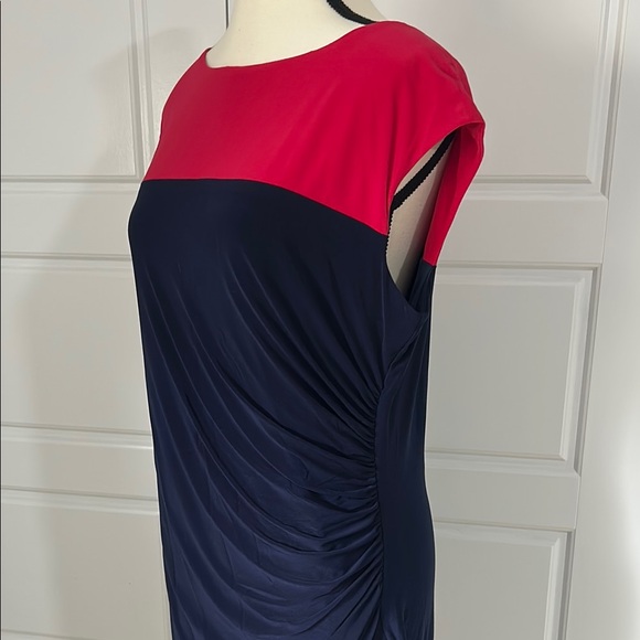 Chaps Ruched Sheath Dress Red and Navy Midi with Stretch - Picture 3 of 8